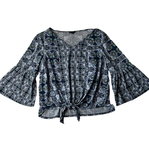 New Directions XL Women’s Blouse Bell Sleeve Knot Front Blue Floral Geometric - Picture 1 of 11